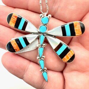 Native American Angus Ahiyite Zuni Sterling Silver Turquoise Dragonfly Necklace